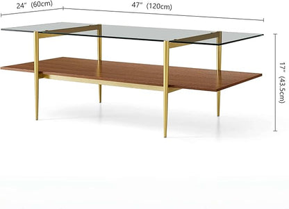 X-Large Rectangle Glass Coffee Table, Mid-Century Modern Design, for Living Room, L47 x W24 x H17 Inch, Clear Glass Top and Walnut MDF Shelf, Sleek Conical Legs with Gold Finish Frame