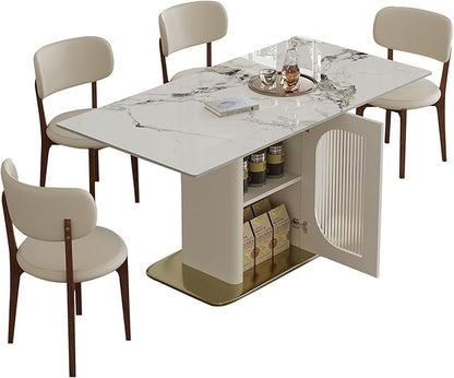 Montary 63" Modern 4-6 Person Dining Table with Storage Cabinet, Artificial Marble Dining Table with Sintered Stone Tabletop & Golden Solid Wood Base, Includes 4 Cream PU Chairs for Kitchen