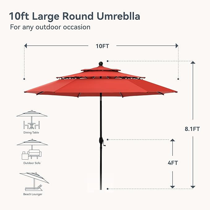 PHI VILLA 10ft Patio Umbrella Outdoor 3 Tier Vented Market Table Umbrella with 1.5" Umbrella Pole and 8 Sturdy Ribs, (Orange Red)（No Base）