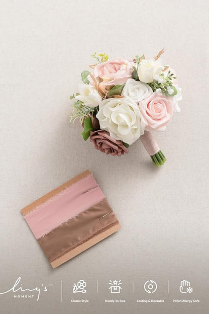 Ling's moment Artificial Flowers Pink Bridesmaid Bouquet, Dusty Rose Wedding Flowers Bouquets for Bridesmaids, 7 Inch Bridal Bouquets for Bridesmaids, Wedding, Ceremony, Anniversary, etc