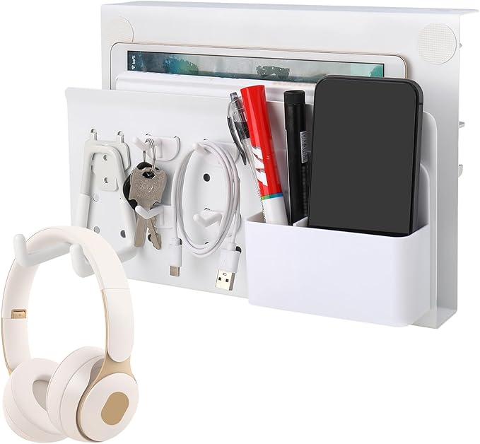 Desk Side Storage with Pen Holder & Hanging Hooks, No Drill Hanging Desk Organizer Under Desk Storage Mount, Clamp-On Laptop Holder Table Side for Office and Home (White)