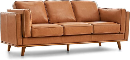 Valencia Artisan Full Leather Sofa 88” Pure Italian Nappa Leather Couch with Solid Wood Accent Ultimate Comfort, Cognac Tan