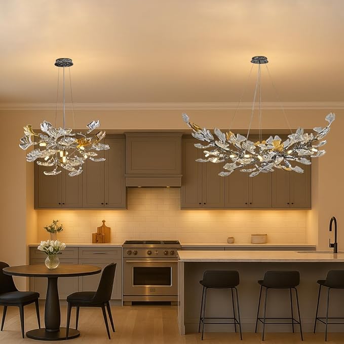 Modern Chandelier for Dining Room, Modern D31.5" Ginkgo Leaf Black Tree Branch Chandelier, Farmhouse Round Chandeliers Over Dining, Glass Lights for Living Room Bedroom Kitchen Island, 10-Light