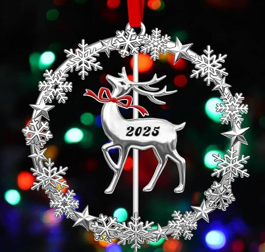 2025 Christmas Ornament, Rotatable Reindeer in Wreath, Metal Christmas Ornaments Dated Hanging Tree Decoration, New Year Holiday Keepsake Gift for Family
