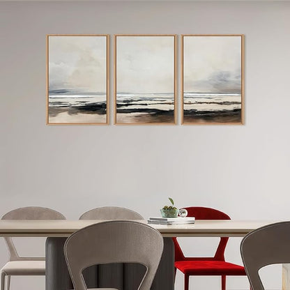 HOURIA Large Neutral Abstract Gray Framed Wall Art Set,Minimalist Modern Beige Brown Landscape Wall Decor,Wilderness Filed Artwork,Watercolor Misty Lake Print for Living Room,Bedroom,Office- 24"x36"x3