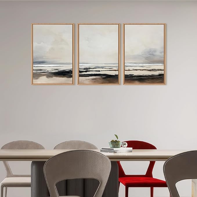 HOURIA Large Neutral Abstract Gray Framed Wall Art Set,Minimalist Modern Beige Brown Landscape Wall Decor,Wilderness Filed Artwork,Watercolor Misty Lake Print for Living Room,Bedroom,Office-16 x24 x3