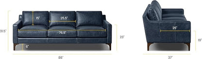 POLY & BARK Sorrento Leather Couch - 86 Inch Sofa - Full-Grain Leather Sofa for Living Room with Feather Down Topper - Living Room Couch - Pure Aniline Vintage Italian Leather in Nightfall Blue