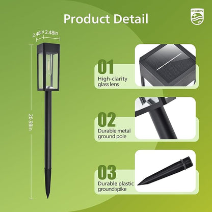 Philips 6 Packs Solar Pathway Lights Outdoor, Glass Metal Led Garden Landscape Lightings, 3000K Warm White, Waterproof for Decor Yard, Walkway, Patio, Driveway, Lawn