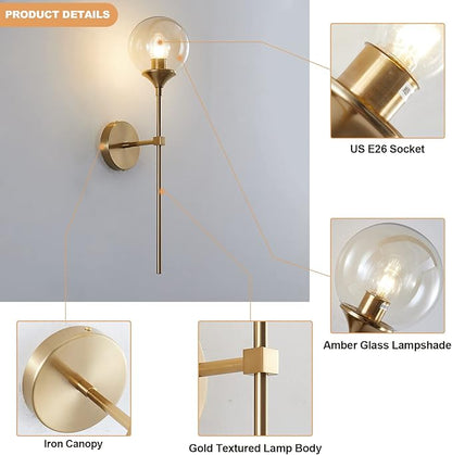 KCO Lighting Brushed Brass Gold Wall Mounted Sconce Mid Century Modern Wall Light Fixture Vintage Long Wall Lamp Amber Glass Wall Sconce Lighting Globe Round Wall Light (Amber)