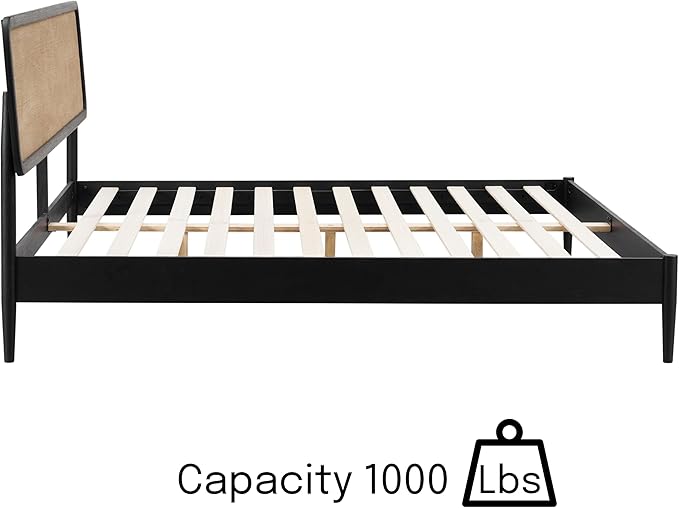 NTC Lupin Wooden Bed Frame with Headboard, Solid Oak and Rubber Wood Foundation with Silent Slats and Wood Central Supports, 1000 Lb Capacity, Effortless Assembly, Queen - Burnt Black