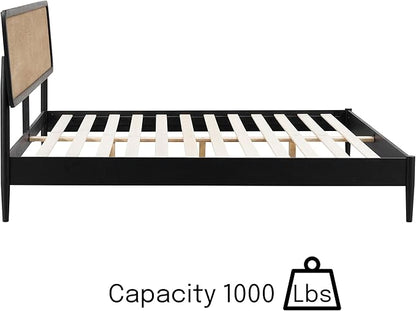 NTC Lupin Wooden Bed Frame with Headboard, Solid Oak and Rubber Wood Foundation with Silent Slats and Wood Central Supports, 1000 Lb Capacity, Effortless Assembly, Queen - Burnt Black