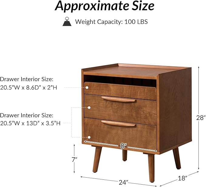 HULALA HOME Nightstand with Charging Station, Mid-Century Modern 2 Drawer and Open Shelf Bedside Tables, Wood Night Stand with USB Ports and Outlets for Bedroom Set of 2, Acorn