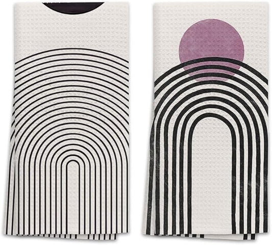 OHSUL Boho Sun Moon Rainbow Kitchen Towels Set of 2 Mid Century Modern Purple Hand Towels Bathroom Kitchen Decor Tabletop Decor