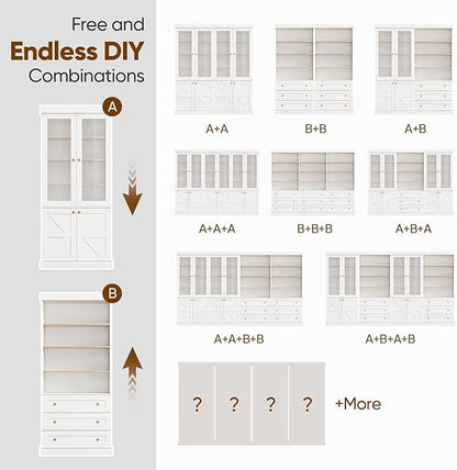 Vyre 71" Tall Farmhouse Bookshelves with Glass Doors, Set of 3 – Large Modular Bookcase with Adjustable Shelves, Storage Cabinet for Living Room, Kitchen, Home Office, White