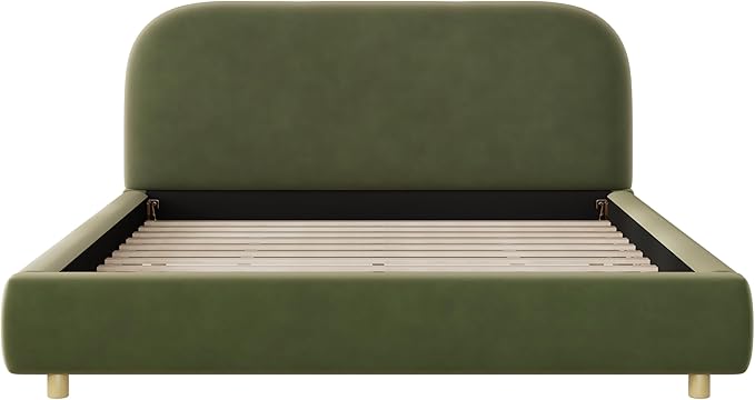 Queen Size Bed Frame, Upholstered Cloud Boucle Platform Beds Frames with Headboard, Anti-Collision Soft Rounded Corners Footboard, No Box Spring Required, Easy Assembly (35"Olive Green, Queen)