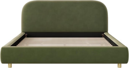Queen Size Bed Frame, Upholstered Cloud Boucle Platform Beds Frames with Headboard, Anti-Collision Soft Rounded Corners Footboard, No Box Spring Required, Easy Assembly (35"Olive Green, Queen)