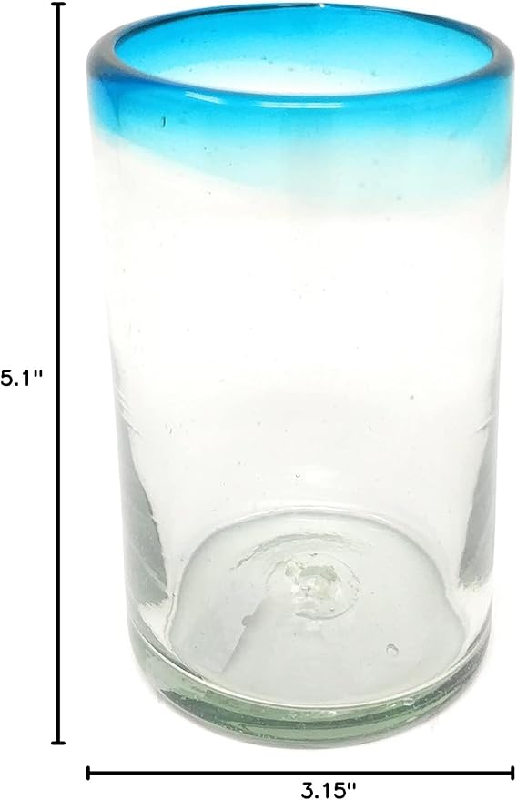 Dos Sueños Hand Blown Mexican Drinking Glasses – Set of 6 Glasses with Aqua Rims 14 oz each