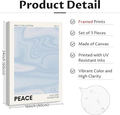 Blue Aura Wall Art Decor Retro Aesthetic Canvas Wall Art Pastel Abstract Pictures Prints Preppy Gradient Spiritual Poster Trendy Artwork Blue Painting for Room Bedroom 16x24 Inch Framed Set of 3