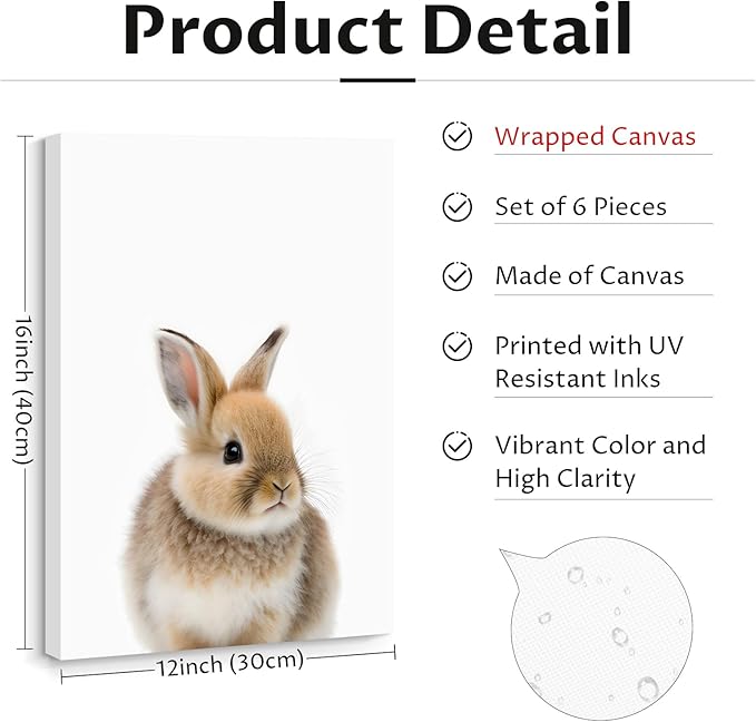 Nursery Animal Wall Art Pictures Baby Safari Canvas Wall Decor Jungle Woodland Wall Art Cute Animal Prints Paintings Nursery Kids Posters for Boys Girls Room Bedroom 12x16 Inch Wrapped Canvas Set of 6