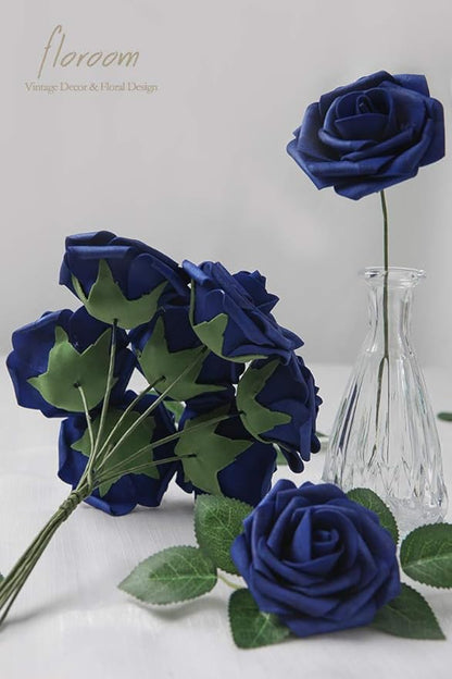 Floroom Artificial Flowers 25pcs Real Looking Royal Blue Foam Fake Roses with Stems for DIY Table Centerpieces Party Home Decorations
