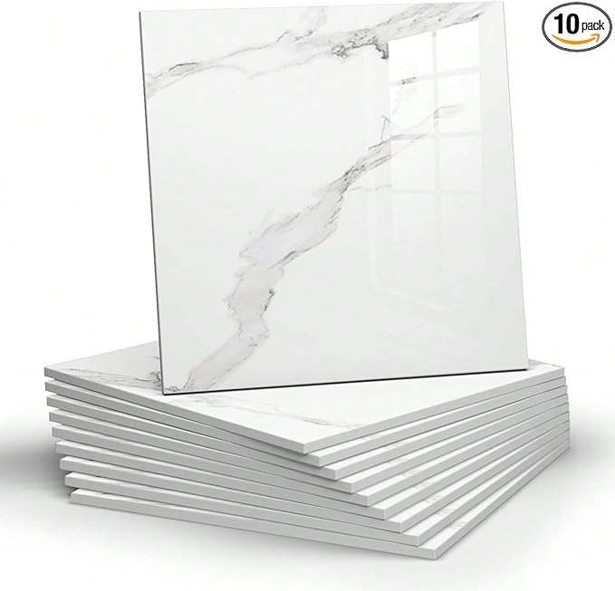 10pcs Marble Peel and Stick Backsplash Waterproof Washroom Wall Panels, Peel and Stick Tile, PVC Foam Wall Panels for Kitchen,Bathroom,Living Room,White and Grey(Not Real Tile,11.8" x 11.8")