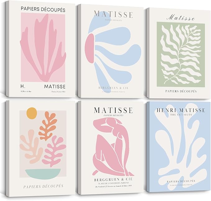 Henri Matisse Wall Art Prints Pink Blue Canvas Wall Decor Aesthetic Pictures Wall Art Danish Pastel Painting Henri Matisse Poster Trendy Artwork for Bedroom 8x10 Inch Wrapped Canvas Set of 6