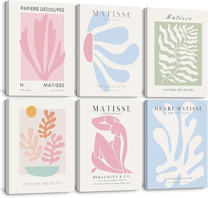 Henri Matisse Wall Art Prints Pink Blue Canvas Wall Decor Aesthetic Pictures Wall Art Danish Pastel Painting Henri Matisse Poster Trendy Artwork for Bedroom 8x10 Inch Wrapped Canvas Set of 6
