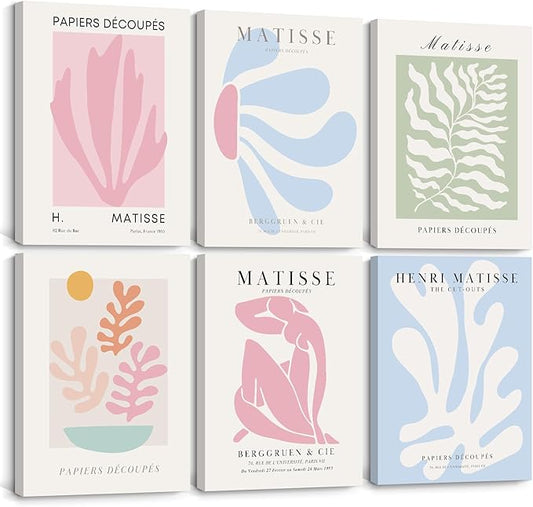 Henri Matisse Wall Art Prints Pink Blue Canvas Wall Decor Aesthetic Pictures Wall Art Danish Pastel Painting Henri Matisse Poster Trendy Artwork for Bedroom 8x10 Inch Wrapped Canvas Set of 6
