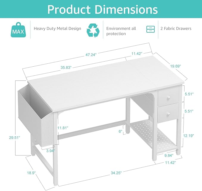 Lufeiya White Computer Desk with Drawers - 47 Inch PC Desk for Small Space Bedroom Home Office, Modern Simple Study Writing Table Desks with Storage Shelf, White