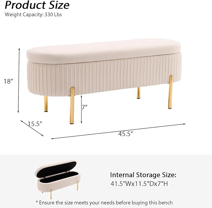 Velvet Storage Bench for Bedroom Upholstered End of Bed Bench Modern Ottoman with Gold Legs for Living Room/Window/Entryway (Ivory White, Oval-45.5" W)