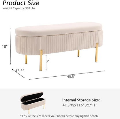 Velvet Storage Bench for Bedroom Upholstered End of Bed Bench Modern Ottoman with Gold Legs for Living Room/Window/Entryway (Ivory White, Oval-45.5" W)