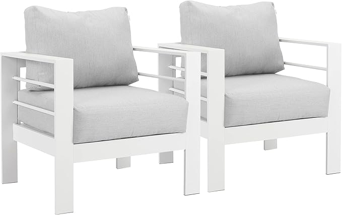 Wisteria Lane 2 Pieces Patio Furniture Aluminum Outdoor Chair, All-Weather Outdoor Single Chair, White Metal Chair with Light Grey Cushions