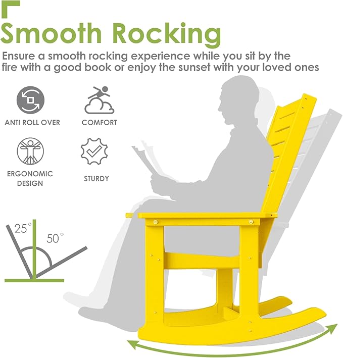 GREENVINES Outdoor Rocking Chairs | Set of 4 | Porch Rocker | HDPE Plastic | Yellow | Oversized Rockers | High Back | Big & Tall | Ladder Back | for Patio Outside Backyard Balcony Garden