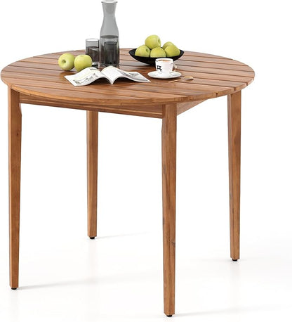 Tangkula Round Outdoor Dining Table for 4 People, 36 inch Acacia Wood Patio Table with Slatted Tabletop, Indoor Outdoor Farmhouse Bistro Table for Yard, Garden, Poolside, Deck