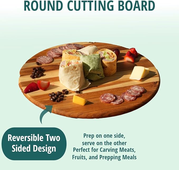 EcoDecors 16" Round Teak Cutting Board, FSC Certified Solid Wood, Edge Grain, XL Carving Board for Kitchen & Brisket