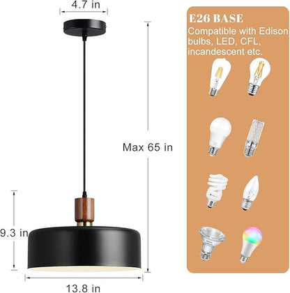 Eustace 13.8 inch Large Pendant Light, Adjustable Metal Chandelier with Solid Wood and Brass Accent, Modern Hanging Light Fixtures for Kitchen Island, Bar, Dining Room, Bedroom, Living Room