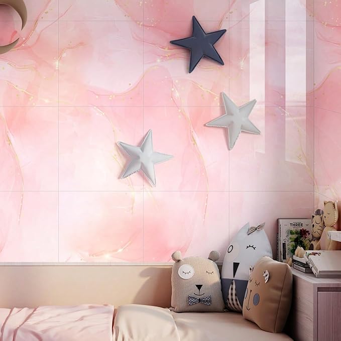 10pcs Marble Peel and Stick Backsplash Waterproof Washroom Wall Panels, Peel and Stick Tile, PVC Foam Wall Panels for Kitchen,Bathroom,Living Room,Pink Wallpaper(Not Real Tile,11.8" x 11.8")