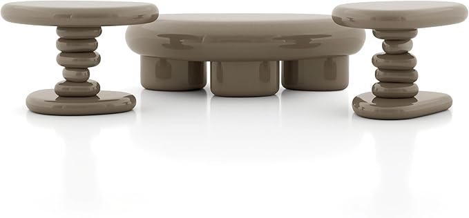 24/7 Shop at Home Kavren Modern 37-inch 3-Piece Oval Glossy Low Profile Coffee Table Set, Stone Shape Living Room Furniture for Small Space, Dark Brown