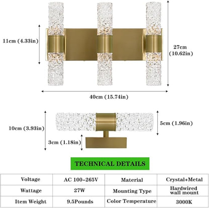 Gold Bathroom Light Fixture, Modern Gold Vanity Light for Bathroom, Crystal 6 Light Bathroom Light Fixtures Over Mirror, 27w LED Bathroom Wall Sconce 3000K Warm White