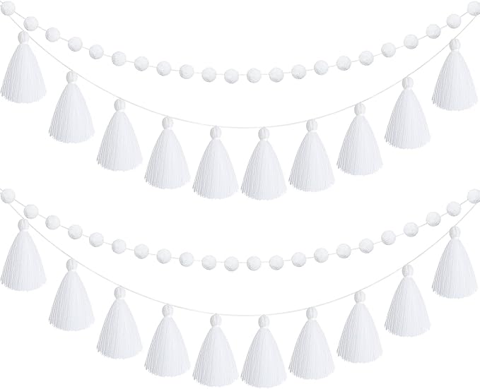 Syhood 4 Pcs Thanksgiving Christmas Pom Pom Tassel Garland Fall Felt Ball Banner Decorative Colorful Pompom Garland for Thanksgiving Autumn Xmas Theme Party Classroom Home Decor(White Color)