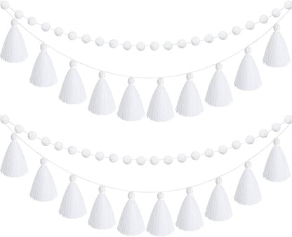 Syhood 4 Pcs Thanksgiving Christmas Pom Pom Tassel Garland Fall Felt Ball Banner Decorative Colorful Pompom Garland for Thanksgiving Autumn Xmas Theme Party Classroom Home Decor(White Color)