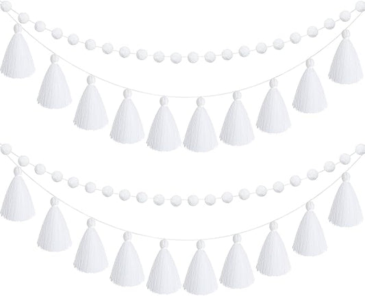 Syhood 4 Pcs Thanksgiving Christmas Pom Pom Tassel Garland Fall Felt Ball Banner Decorative Colorful Pompom Garland for Thanksgiving Autumn Xmas Theme Party Classroom Home Decor(White Color)