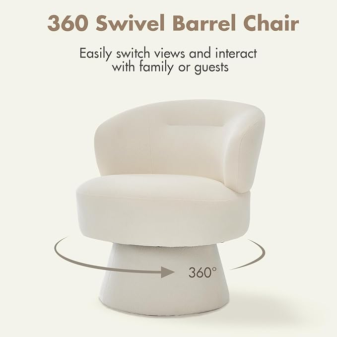360° Swivel Accent Chairs, Modern Chenille Upholstered Boucle Dining Chair with Back, Vanity Chair Accent Armchair Side Chairs for Dining/Living Room, Bedroom, White