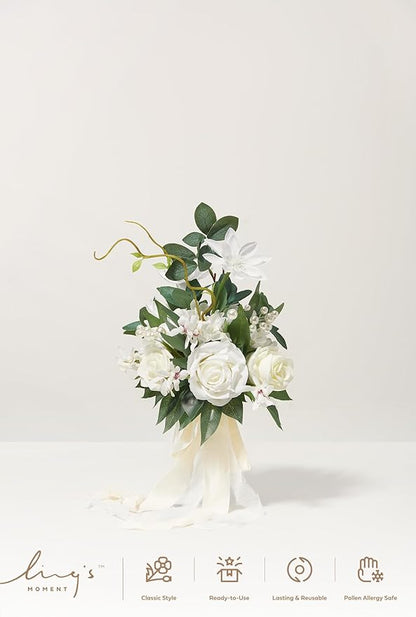 Ling's moment Artificial Flowers White Bridesmaid Bouquet, White & Sage Wedding Flowers Bouquets for Bridesmaids, 7 Inch Bridal Bouquets for Bridesmaids, Wedding, Ceremony, Anniversary, etc
