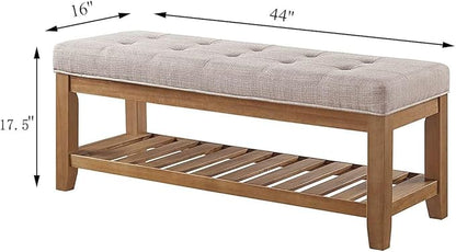 24KF Large Rectangular Upholstered Tufted Linen Fabric Ottoman Bench, Padded Bench with Solid Wood Shelf-Linen