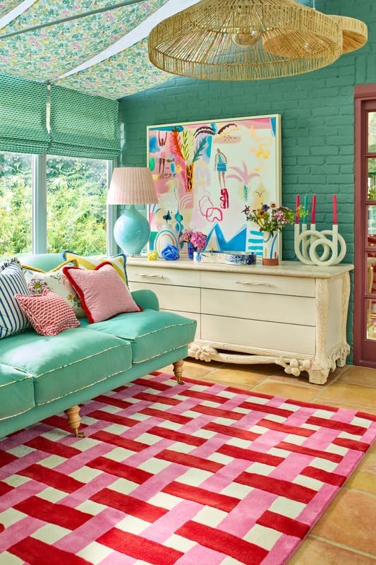 Hand-Tufted Wool Checkered Area Rug 9x9 Ft (Square) – Pink Red Basketweave Carpet for Living Room, Bedroom, Playroom – Soft Plush Texture, Modern Artistic Floor Décor