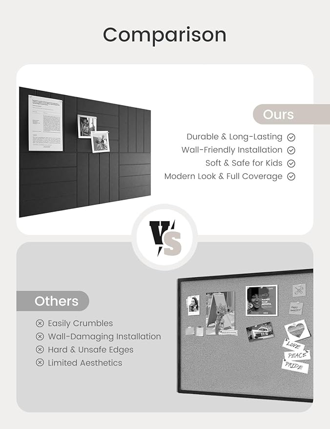 Bumusty Large Cork Board Alternative-36 x24 Felt Bulletin Board Tiles, with 30 Pushpins, 40 Adhesive Tabs, 6-Pack Slat Wall Paneling, Cork Boards for Office Push Pin Board Felt Board-Black