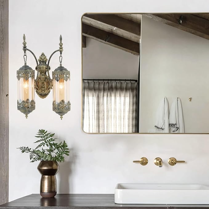 Rustic Wall Sconce with Amber Glass Vintage 2-Lights Antique Gothic Wall Light Fixture Retro Mid Centry Lantern Wall Sconce for Bedroom, Living Room, Mirror, Brush Gold, E12