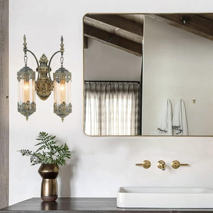 Rustic Wall Sconce with Amber Glass Vintage 2-Lights Antique Gothic Wall Light Fixture Retro Mid Centry Lantern Wall Sconce for Bedroom, Living Room, Mirror, Brush Gold, E12