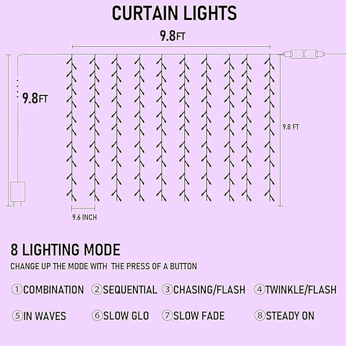 Dazzle Bright 300 LED Christmas Curtain String Lights, Halloween Fairy Lights for Bedroom with 8 Lighting Modes, Waterproof Window Light Party Wedding Garden Wall Decor, Purple